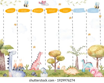 Kids weekly planner with cute dinosaurs  cartoon characters, A timetable for elementary school, Children schedule design template  illustration - Powered by Shutterstock