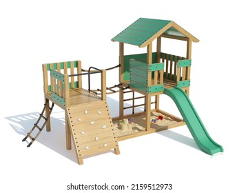 Kids wooden playhouse with slide, sand pit and climbing wall - isolated on white background - 3D rendering