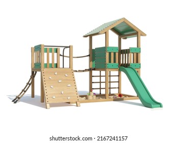 Kids Wooden Playhouse With Slide, Sand Pit And Climbing Wall - Isolated On White Background - 3D Rendering