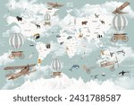 Kids world map, Animals world map, Educational world map wallpaper design for children