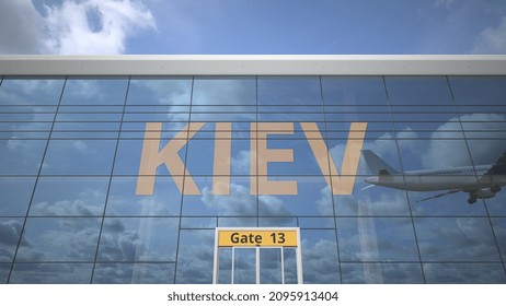 Kiev City Name And Landing Airplane At Airport Terminal 3D Rendering