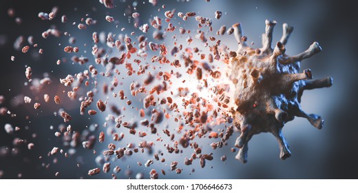 Kill, remove and eliminate coronavirus. Corona virus breaking up into pieces. Inventing effective treatment, vaccine or drug concept. 3D illustration
