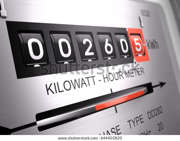Kilowatt hour electric meter, power supply\
meter - closeup view. 3d\
rendering