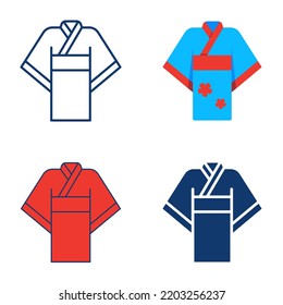 Kimono Icon Set In Flat And Line Style. Japanese Traditional Clothing Symbol.