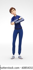 Kind, Gently Smiling Jenny - 3D Cartoon Female Character Sports Model -  Half-Dancing Playfully, In Athletic Gym Sweat Suit, Isolated On White Spotlight Background