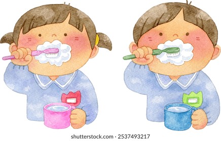 Kindergarten boy and girl brushing their teeth | Watercolor stock illustration - Powered by Shutterstock