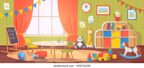 Kindergarten interior. Daycare nursery with furniture and kid toys. Preschool child room for playing, activity and learning,  cartoon
