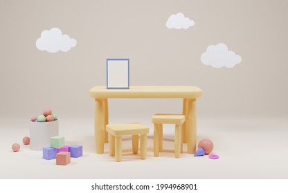 Kindergarten Or Preschool Playroom Interior. Kids Table With Poster Mock Up And Chairs For Game And Education. Cartoon 3d Illustration Child Room With Clouds And Toy Cubes, Dry Pool With Balls