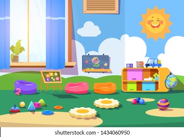 Kindergarten room. Empty playschool room with toys and furniture. Kids playroom cartoon interior. Playschool kindergarten, furniture indoor interior for play illustration