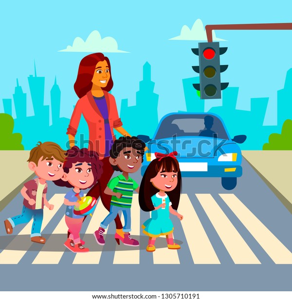 Kindergarten Teacher Transfer Across The\
Road Little Boys And Girls.\
Illustration