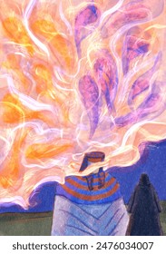 King of Egypt facing the prophet. Vivid fantasy illustration featuring dream-like scenes