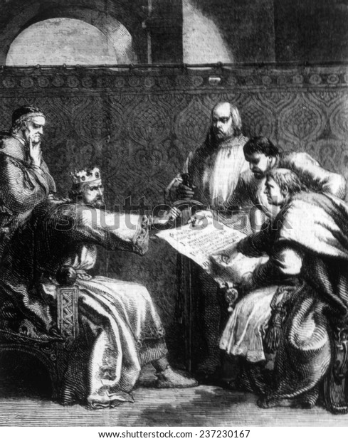 ジョン王 166年 12年16月16日 は 最初に彼に提示された時にマグナ カルタに署名するのを拒否した 1215年 ジョン リーチのイラスト は1875年に出版した のイラスト素材