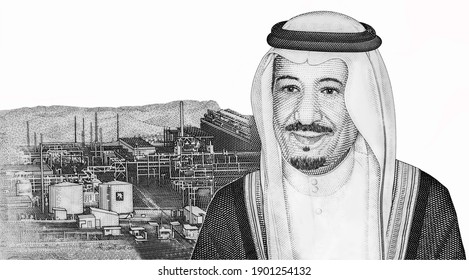 King Salman Bin Abdulaziz Al SaudÂ and TheÂ Shaybah Oil Field. Portrait From Saudi Arabia Banknotes.