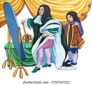 King And Servant. Royal Gown. The King Tries On Clothes By The Mirror. Children's Illustration.