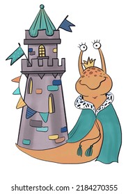 King Snail In A Green Cloak And Crown With A Castle