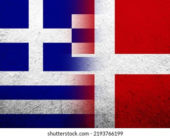 The Kingdom Of Denmark National Flag With National Flag Of Greece. Grunge Background