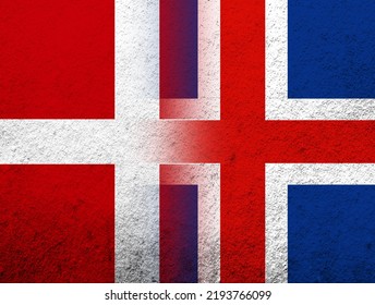 The Kingdom Of Denmark National Flag With National Flag Of Iceland. Grunge Background