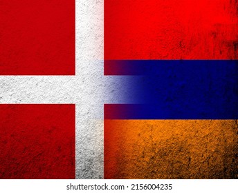 The Kingdom Of Denmark National Flag With Republic Of Armenia  National Flag. Grunge Background