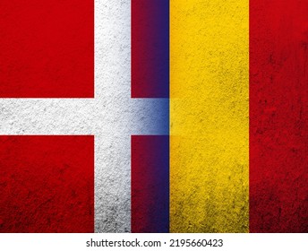 The Kingdom Of Denmark National Flag With National Flag Of Romania. Grunge Background