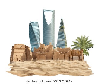 Kingdom of Saudi Arabia skyline with nature. celebrating the national day. abstract design template. old arch and dune sand, 3d illustration. isolated white background. - Powered by Shutterstock