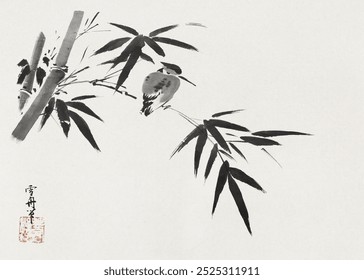 Kingfisher and Bamboo (19th century) botanical illustration by Sesshu Toyo.  Vintage Kingfisher and Bamboo Chinese-style ink painting art drawing, old Kingfisher and Bamboo  painting art print.