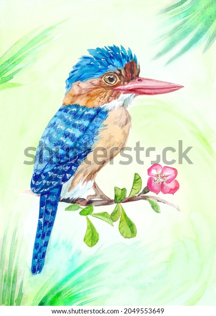 The Kingfisher bird is blue\
on a twig with leaves and a flower in the forest.The eyes of a\
bird. Watercolor, colored\
pencil.Print,postcard,banner.