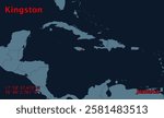 Kingston, Jamaica map with precise coordinates. Dark theme cartography design, perfect for travel, geography, and educational purposes. High-quality illustration.