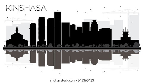 Kinshasa City Skyline Black And White Silhouette With Reflections. Simple Flat Concept For Tourism Presentation, Banner, Placard Or Web Site. Cityscape With Landmarks.