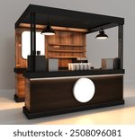 Kiosk stand booth market cart for sell product food drink wood decoration stainless steel construction with blank space logo company. Coffee exhibition stand.