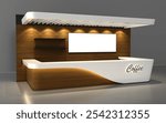 Kiosk stand booth market cart for sell product food drink wood decoration stainless steel construction with blank space logo company. Coffee exhibition stand.