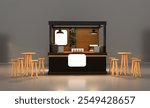 Kiosk stand booth market cart for sell product food drink wood decoration stainless steel construction with blank space logo company. Coffee exhibition stand.