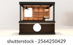 Kiosk stand booth market cart for sell product food drink wood decoration stainless steel construction with blank space logo company. Coffee exhibition stand.