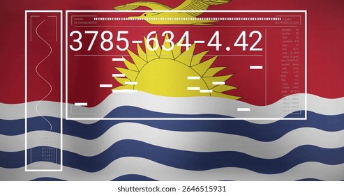 Kiribati flag with digital data and numbers overlay in animated design. Technology, cyber, network, internet, coding, abstract
