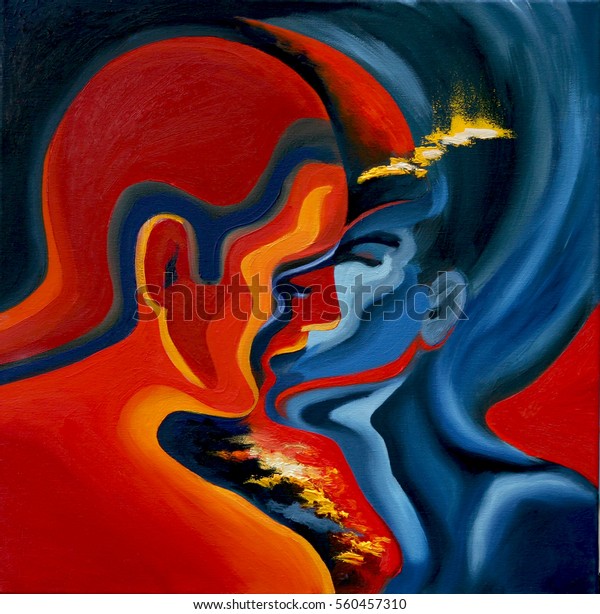 Kiss, abstract blue and red oil painting on canvas wall art. 