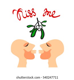 Kiss Me Under The Mistletoe. Gay Kissing Under Mistletoe. Gay Couple. LGBT Couple. Design Elements For Poster Or Greeting Card. Christmas Illustration. Isolated On White. Hand Drawn Style.