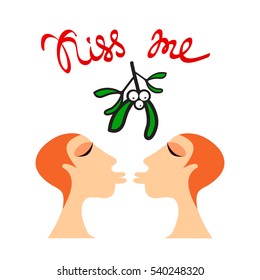 Kiss Me Under The Mistletoe. Gay Kissing Under Mistletoe. Lesbian Kissing. Gay Couple. LGBT Couple. Design Elements For Poster Or Greeting Card. Christmas Illustration. Isolated On White. 