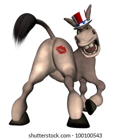Kiss my Ass.  An angry political Donkey wearing lipstick and a red, white, and blue hat, with a kiss print on his butt. Political Humor - Democrat