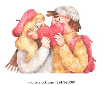 Kissing couple. St. Valentine's Day greeting card. Watercolor hand-drawn illustration of lovers holding heart - Powered by Shutterstock