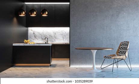 Kitchen Black Minimalistic Interior With Table Chair Lamp Marble Floor Concrete Wall. 3d Render Illustration Mock Up.