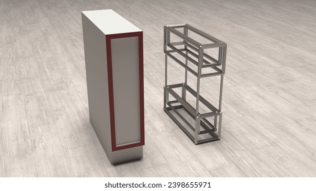 Kitchen cabinet storage,soft closing pull out drawer season kitchen wire storage oil,sauces chopping board drawer basket slide out spice holder rack,3d render. 