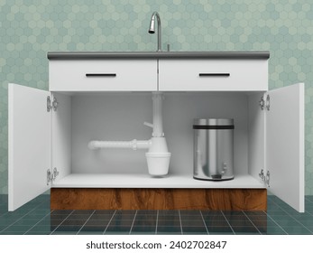 kitchen cabinet wide open doors with sink and trash can. plumber repair service concept. 3d illustration render - Powered by Shutterstock