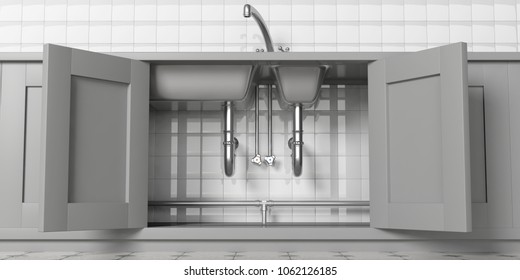 Kitchen cabinets with open doors, stainless steel sink and water tap, under view. White ceramic tiles wall backgound. 3d illustration