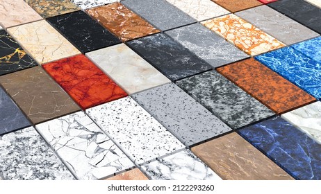 Kitchen countertop color samples made of natural granite, marble and quartz stone slabs inside the counter top shop, same slab colors are floor tile concept. 3d Illustration