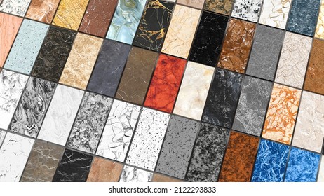Kitchen countertop color slabs made of natural granite, marble and quartz stone inside the counter top shop, same slab colors are floor tile concept. 3d Illustration