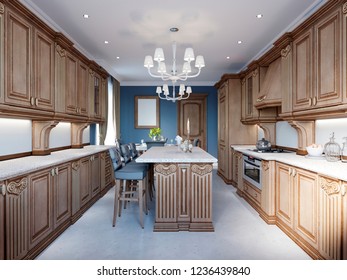 Kitchen And Dining In Luxury Home With Cherry Wood Cabinets. 3d Rendering