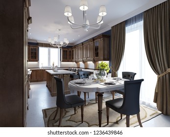 Kitchen And Dining In Luxury Home With Cherry Wood Cabinets. 3d Rendering