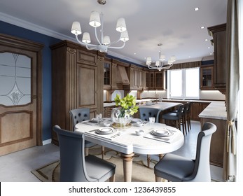 Kitchen And Dining In Luxury Home With Cherry Wood Cabinets. 3d Rendering