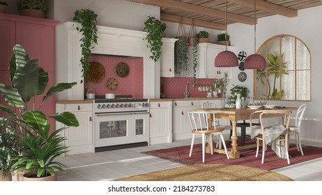 Kitchen And Dining Room With Wooden Details In Bohemian Style. Table With Chairs, Carpet And Appliances In White And Red Tones. Boho Country Interior Design, 3d Illustration