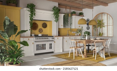 Kitchen And Dining Room With Wooden Details In Bohemian Style. Table With Chairs, Carpet And Appliances In White And Yellow Tones. Boho Country Interior Design, 3d Illustration