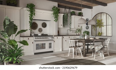 Kitchen And Dining Room With Wooden Details In Bohemian Style. Table With Chairs, Carpet And Appliances In White And Dark Tones. Boho Country Interior Design, 3d Illustration